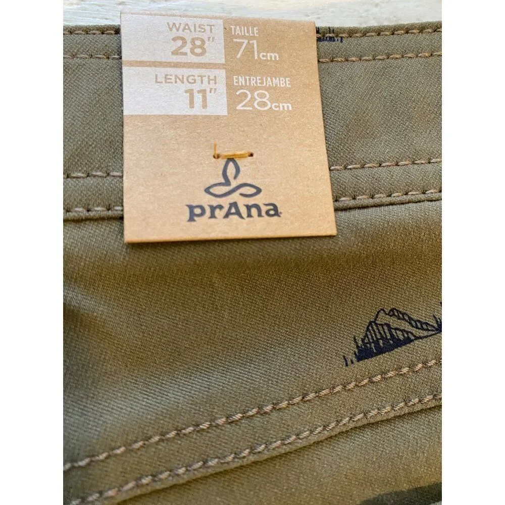 Prana Mens Shorts Slate Green 28” Waist Stretch Slim Fit Mountain Print NEW NWT